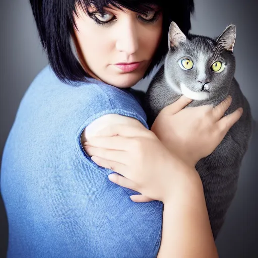Image similar to A beautiful woman with blue short bob hair with bangs holding a grey and white cat, full body portrait, highly detailed, excellent composition, dramatic lighting, realistic 4k