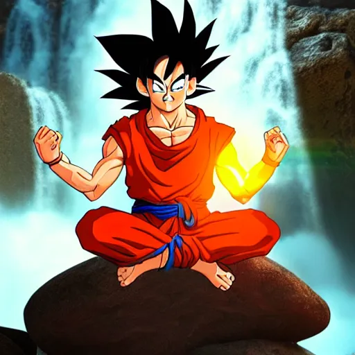 Image similar to photorealistic fantasy concept art of Goku meditating on a rock near a waterfall in front of the sunset, dynamic lighting, cinematic