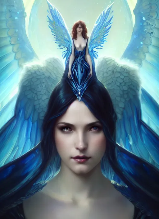 Image similar to a beautiful cinematic female archangel queen, fantasy sea landscape, fantasy magic, short aqua blue black fade hair, dark light night, intricate, elegant, sharp focus, illustration, highly detailed, digital painting, concept art, matte, art by WLOP and Artgerm and Greg Rutkowski and Alphonse Mucha, masterpiece