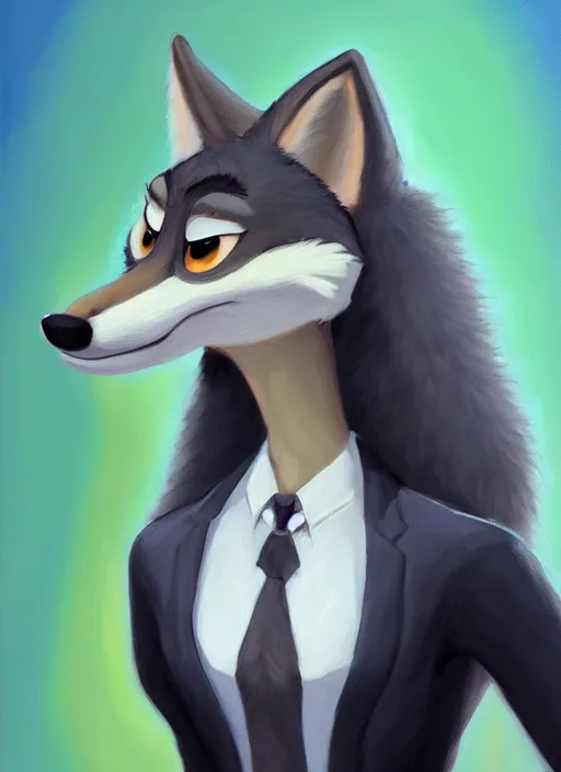 Image similar to oil painting of anthromorphic female wolf, in style of zootopia, female fursona, furry, furaffinity, 4 k, deviantart, furry art, fursona art, wearing black business suit, business suit, wolf fursona, female, very expressive detailed feminine face,