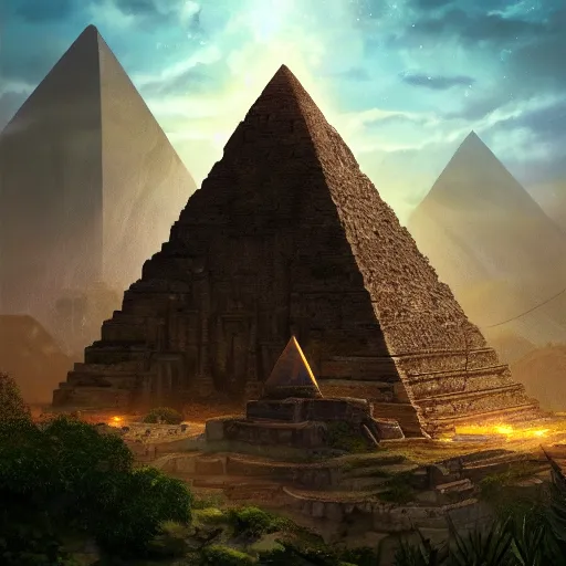 Image similar to magical ancient pyramid, gold, treasure, lara croft charater, realistic illustration, pyramid surrounded with greenery, illustrations, 3 d render, illustrated, incredible details, highly detailed, photorealistic, disney pixar, octane render, iridescent, anime, 8 k