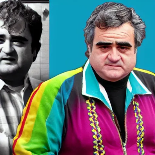 Image similar to a man who looks like john belushi mixed with gordon brown, wearing a rainbow coloured tracksuit and big gold star shaped medallion