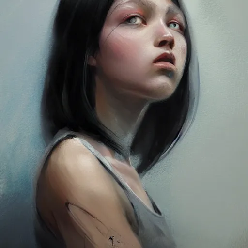 Image similar to portrait of a girl by greg rutkowski, she is about 2 0 years old, mixture between russian and japanese, prettt, black bob hair with two strands around her face, wearing a tank top, highly detailed portrait, digital painting, artstation, concept art, smooth, sharp foccus ilustration, artstation hq