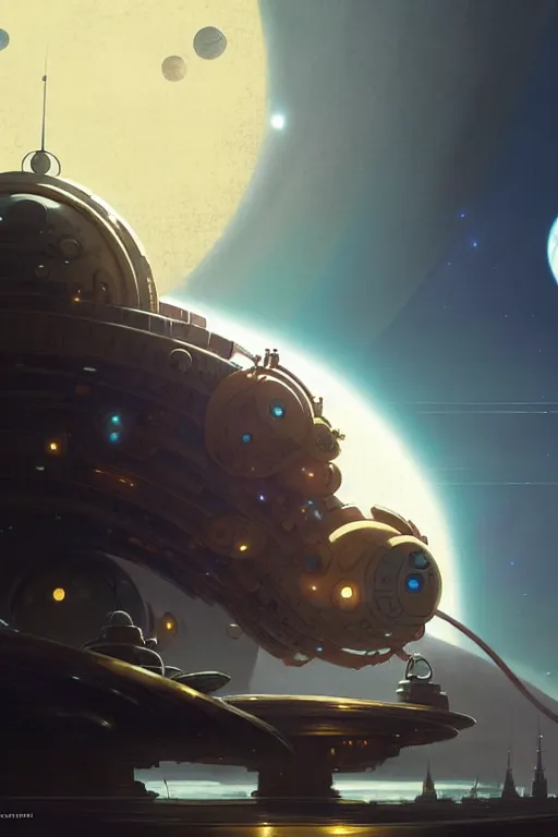 Image similar to steampunk spaceship infront of a planet, exquisite details, denoised, mid view, by karl kopinski, artsation, greg rutkowski, makoto shinkai, takashi takeuchi, studio ghibli