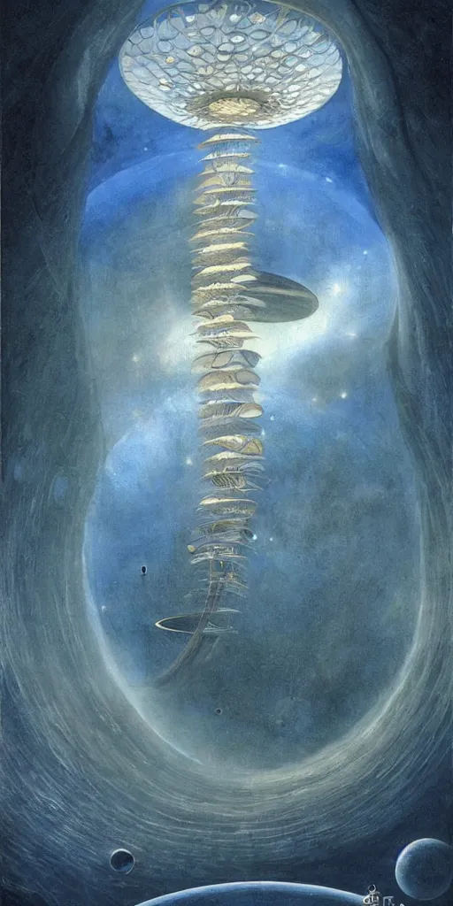 Prompt: a giant beautiful diatom hanging inside a space station, fantasy art by John Howe