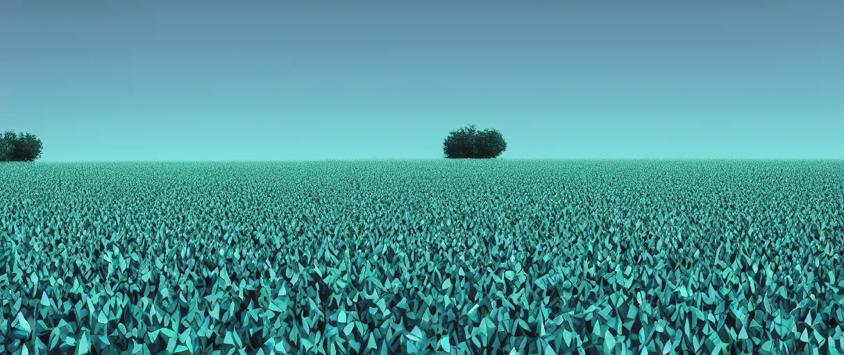 Prompt: 3 d render, low poly art, minimalist, flowers, teal sky, lowpoly, field of dreams, particles floating, unreal engine, dreamy, bokeh, bounce light, radiant lighting