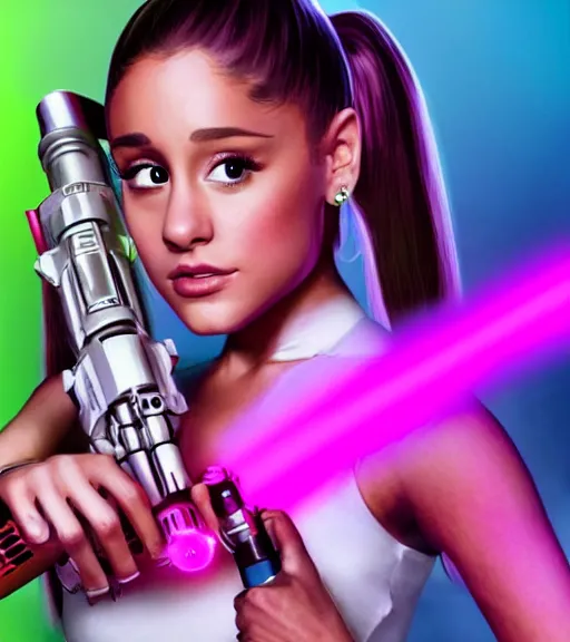 Image similar to A hyper realistic photo of Ariana Grande in the Star Wars universe with two pink lightsabers held in each hand. Maximum detail on artstation, photo realism, vivd details, vivd colour