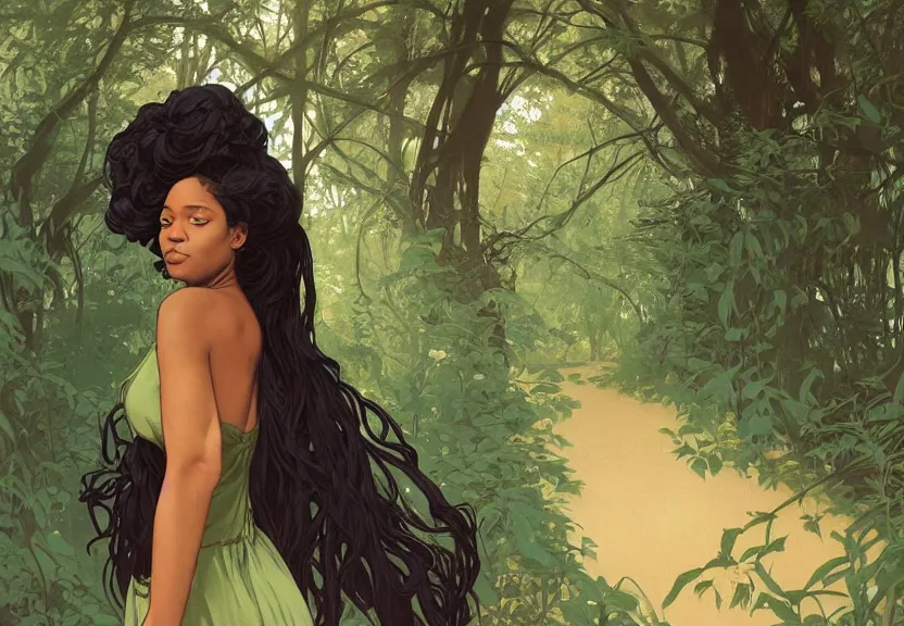 Image similar to a black woman seen from behind from far away with flowing hair and a flowing sundress dreaming in a forest, fine details by realistic shaded lighting poster by ilya kuvshinov katsuhiro otomo, magali villeneuve, artgerm, jeremy lipkin and michael garmash and rob rey, art nouveau, alphonse mucha, william - adolphe bouguereau, golden hour