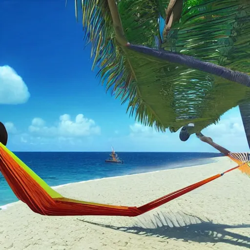 Image similar to laguna. clear blue water. sun shine. colourful birds. paradise. beach. palm trees. a hammock by h. p. lovecraft, abaddon and magali villeneuve, ghibli moebius, 8 k, epic scene, scifi, unreal engine, trending on cg station. masterpiece.