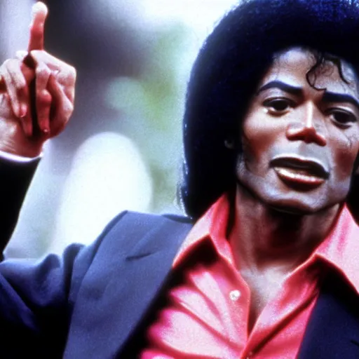 Prompt: a 1980s film still of Morgan Freeman dressed as Michael Jackson, 40mm lens, shallow depth of field, split lighting