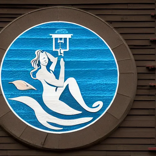 Image similar to company logo on a building showing a mermaid drilling a water well,