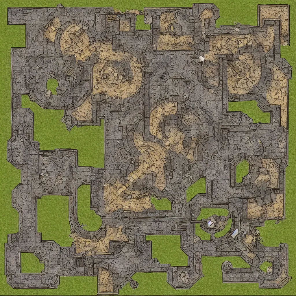 Prompt: tabletop rpg battlemap, castle floorplan, top down grid, high detail, architectural, full color, flat light, spiral stairs, gate, narrow windows