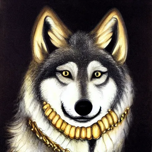 Prompt: retarded wolf portrait, frida style