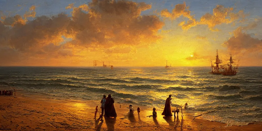 Prompt: couple building sandcastle on the beach at sunset, ships floating in the clouds in the distance, outrun style, painting by ivan shishkin