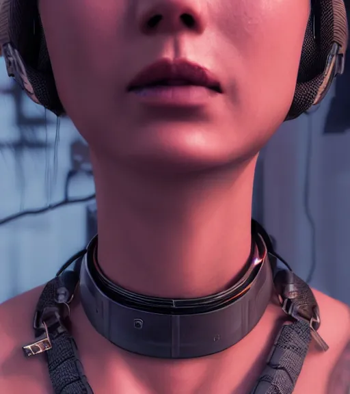 Image similar to detailed realistic female character cyberpunk wearing thick technological collar around neck, realistic, art, beautiful, 4K, collar, choker, collar around neck, punk, artstation, detailed, female, woman, choker, cyberpunk, neon, punk, collar, choker, collar around neck, thick collar, tight around neck, punk,