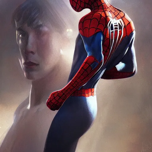 Image similar to Beautiful portrait of spiderman, wide angle, intricate, wild, highly detailed, digital painting, artstation, concept art, smooth, sharp focus, illustration, art by artgerm and greg rutkowski and alphonse mucha - W 768