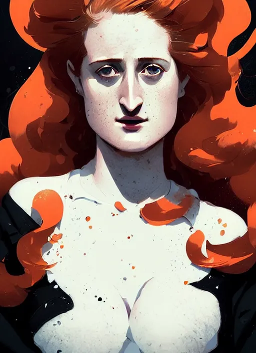 Image similar to highly detailed closeup portrait of beautiful grace gummer as dom dipierro, wavy ginger hair, black dress, by atey ghailan, by greg rutkowski, by greg tocchini, by james gilleard, by joe fenton, by kaethe butcher, gradient orange, black and white color scheme, grunge aesthetic!!! ( ( graffiti tag wall background ) )