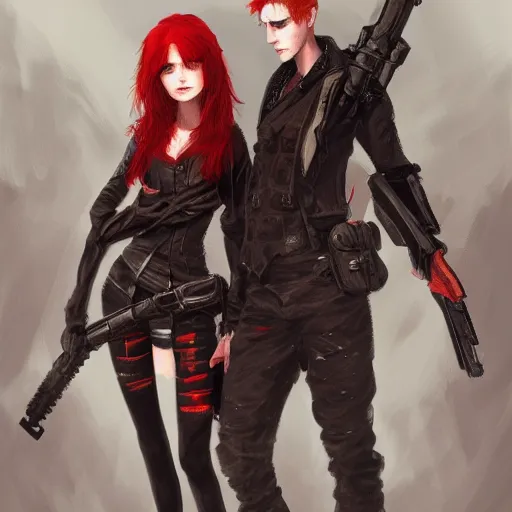 Prompt: a concept art of a boy and a girl with red hair holding a gun, gothic clothes, highly detailed, digital painting, artstation, concept art, smooth, sharp focus, illustration