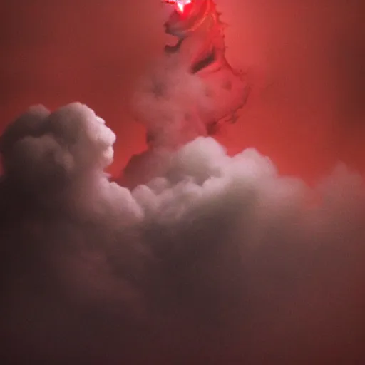 Image similar to A dragon emerging from a cloud of smoke, its eyes glowing red.