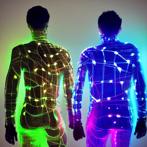 Image similar to love, diverse overlayed double exposure cybersuits, from behind, wide wide angle, vivid, elaborate, highly detailed, combined, beautiful lighting