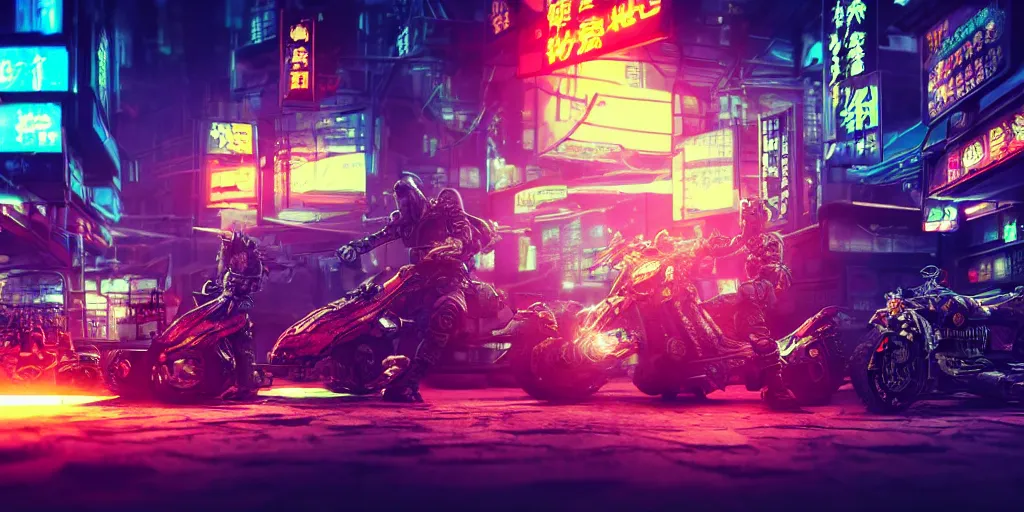 Prompt: A samurai, cyberpunk background with steampunk vehicles. Wide shot, High action glowing neon lights, digital art, artstation, cinematic, volumetric lighting, Award winning, ultra high resolution, intricate details, rendered with unreal engine, octane render, UHD 8K