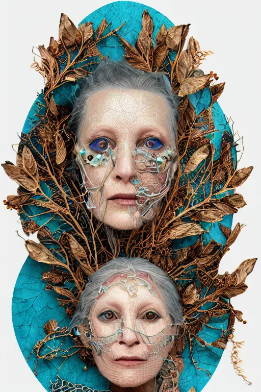 Prompt: cinema 4d colorful render, organic, ultra detailed, of a beautiful translucid porcelain old woman face, cracked. biomechanical cyborg, analog, 35mm lens, beautiful natural soft rim light, big leaves and stems, roots, fine foliage lace, turquoise gold details, Alexander Mcqueen high fashion haute couture, art nouveau fashion embroidered, intricate details, mesh wire, mandelbrot fractal, anatomical, facial muscles, cable wires, elegant, hyper realistic, in front of dark flower pattern wallpaper, ultra detailed, 8k post-production