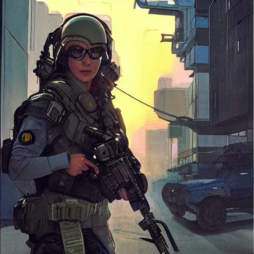 Prompt: Maria. USN special forces futuristic recon operator, cyberpunk headset, on patrol in the Australian neutral zone, deserted city landscape, skyline lit by flares. 2087. Concept art by James Gurney and Alphonso Mucha