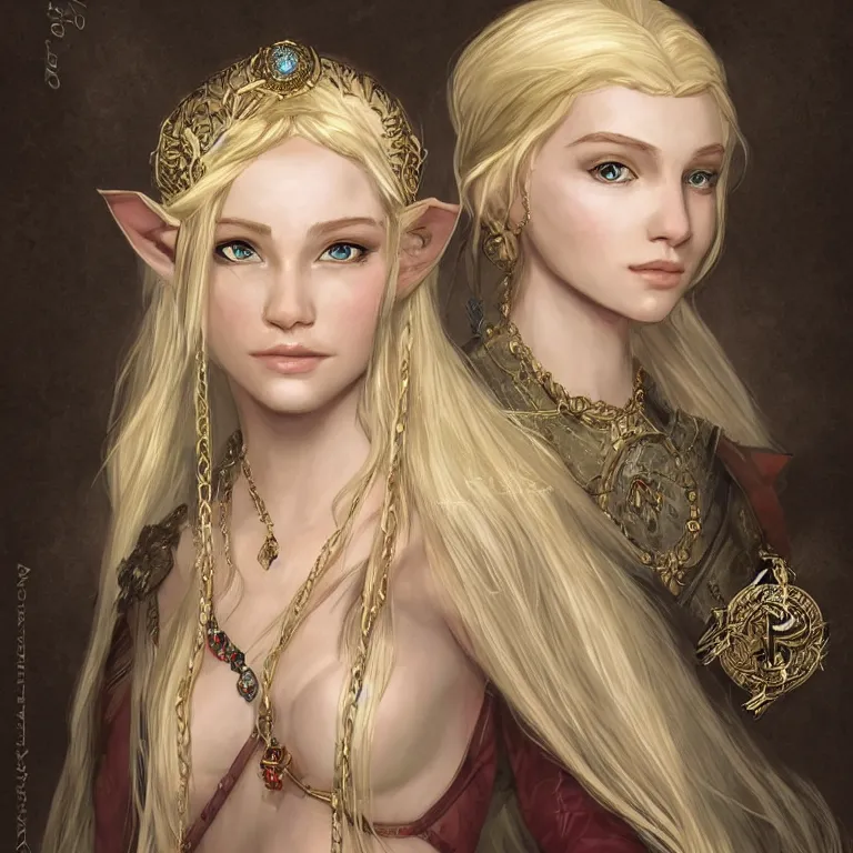 Prompt: a d & d character portrait of a beautiful noble elf princess with blonde hair and regal jewellry by bowater, charlie