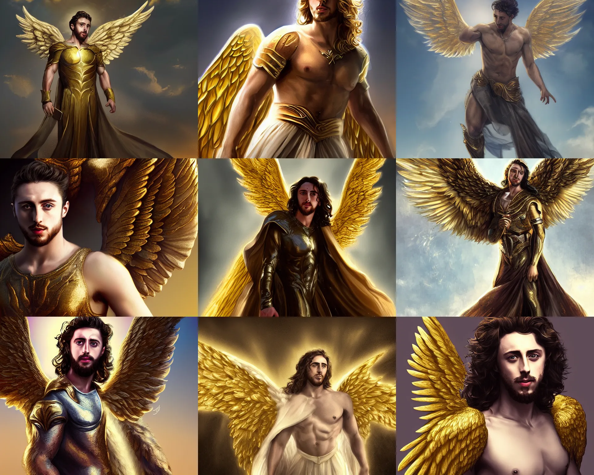 Prompt: aaron taylor-johnson as an angel with large golden wings, detailed fantasy digital art, trending on artstation
