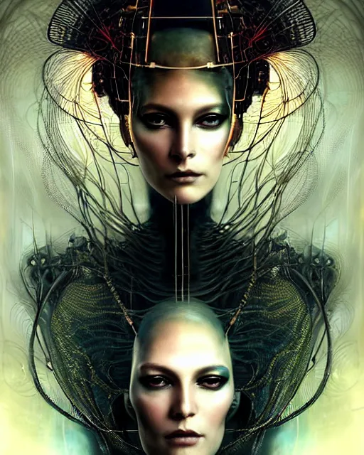 Prompt: karol bak and tom bagshaw and lecouffe - deharme full body character portrait of the borg queen of sentient parasitic flowing ai, floating in a powerful zen state, supermodel, beautiful and ominous, wearing combination of mecha and bodysuit made of wires and fractal ceramic, machinery enveloping nature in the background, character render