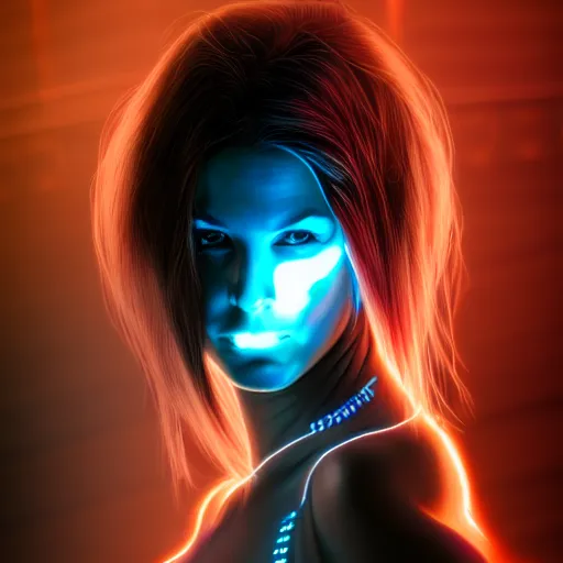 Image similar to realistic detailed portrait of Cyberpunk woman, portrait, long dark hair, Cyberpunk, Sci-Fi, science fantasy, glowing skin, full body, beautiful girl, extremely detailed, sharp focus, model