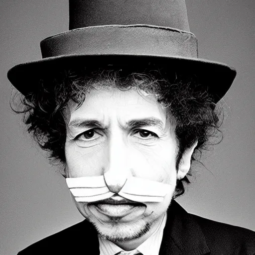 Image similar to bob dylan with cat eyes and whiskers and a pig nose