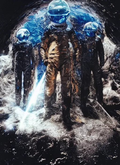 Image similar to astronauts in dark and empty void underwater - complex and hyperdetailed technical suit. reflection and dispersion materials. rays and dispersion of light. volumetric light. 5 0 mm, f / 3 2. noise film photo. flash photography. ultra realistic, wide angle. poster by wayne barlowe, hajime sorayama aaron horkey, craig mullins