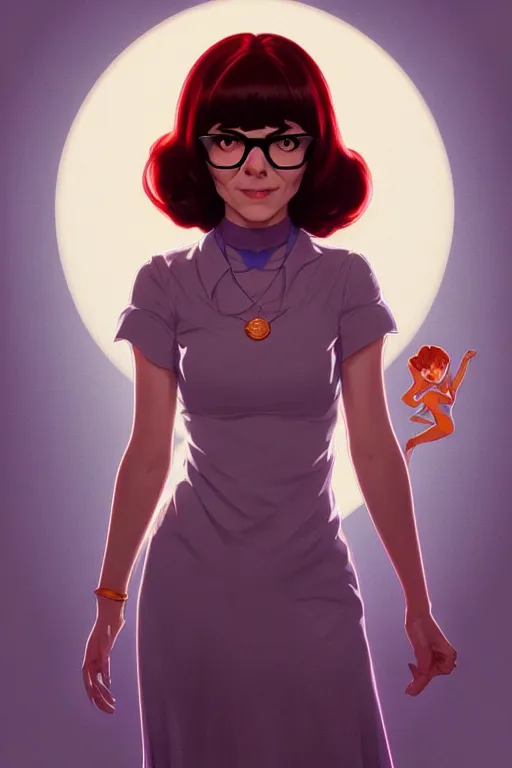 Image similar to a portrait of velma ( scooby - doo ), fantasy, sharp focus, intricate, elegant, digital painting, artstation, matte, highly detailed, concept art, illustration, ambient lighting, art by ilya kuvshinov, artgerm, alphonse mucha, and greg rutkowski