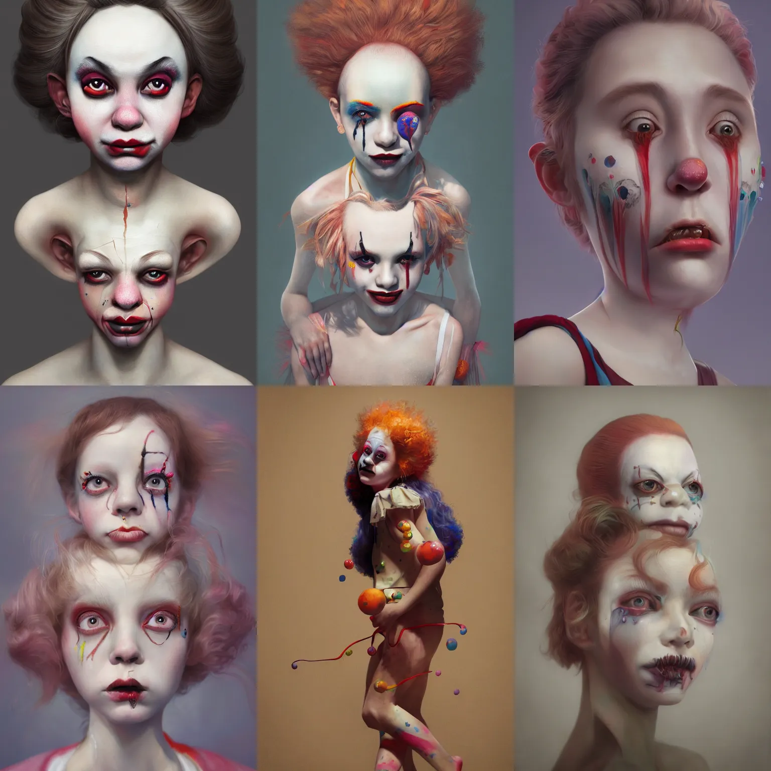 Image similar to breathtaking detailed painting of clown girl , with anxious, piercing eyes, art by Hsiao-Ron Cheng, hyperrealistic, octane render, ambient light, dynamic lighting