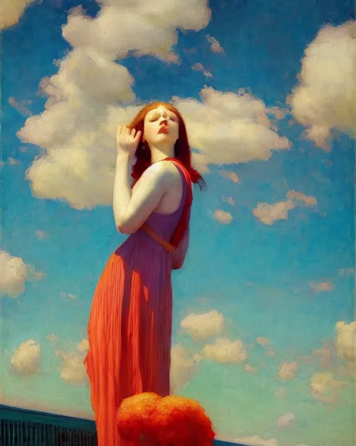 Prompt: a beautiful girl floating in colourful clouds, painted by edgar maxence, edward hopper, wayne barlowe, painted by james gilleard and james jean. 8 k realistic, hyperdetailed, beautiful lighting, detailed background, depth of field,