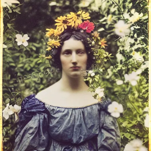Image similar to portrait photograph of a very beautiful female model. symetric face. in a garden. flowers. autochrome Louis Lumières. detailed eyes. medium shot
