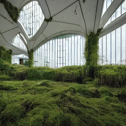 Image similar to “derelict architecture housing neighborhood , housing designed by architect Santiago Calatrava, architecture digest, the windows are covered in moss with growing vines, building surrounded in a luxury environment, dark tones, fluorescent lighting,volumetric Lighting, photorealism, high detail, golden ratio, cinematic, octane renderer”