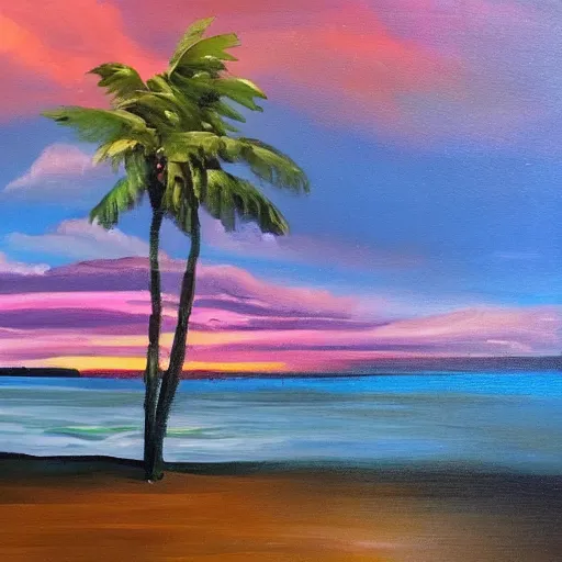 Image similar to a very very small island! beautiful woman!! palm trees, dark very late evening cloudy sunset, dramatic and dynamic lighting, thick brush strokes oil impasto painting