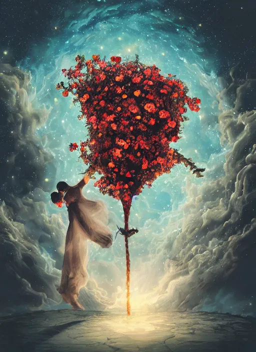 Image similar to An epic fantastic realism comic book style painting of the most beautiful entwined flowers launched across the dark and starry night sky, nebulous bouquets, fisheye lens, unreal 5, DAZ, hyperrealistic, octane render, dynamic lighting