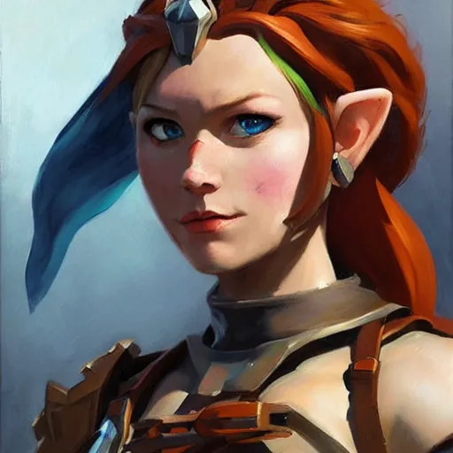 Image similar to greg manchess portrait painting of partially armored female link from legend of zelda as overwatch character, medium shot, asymmetrical, profile picture, organic painting, sunny day, matte painting, bold shapes, hard edges, street art, trending on artstation, by huang guangjian and gil elvgren and sachin teng