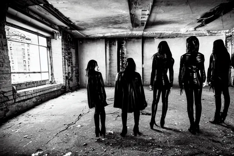 Prompt: 4 goths in leather, watching a black hole forming in the grimy grungy basement of an abandoned apartment block, grainy black and white photography