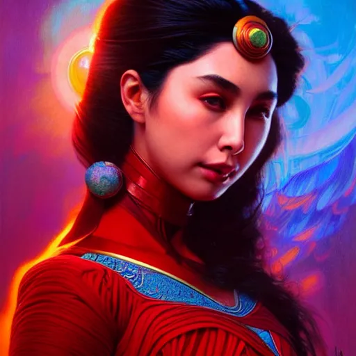 Image similar to julia barretto as darna, volumetric lights, red and cyan theme, art nouveau botanicals, intricate, highly detailed, digital painting, artstation, concept art, smooth, sharp focus, cinematic, illustration, beautiful face, art by artgerm and greg rutkowski and alphonse mucha