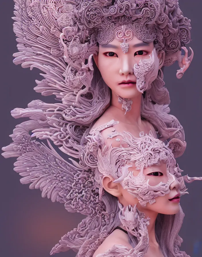 Image similar to 3 d goddess medium shot profile portrait. beautiful intricate highly detailed korean gumiho mask and traditional korean hanbok. stingray, magpie, stingray, magpie, bioluminescent, plasma, lava, ice, water, wind, creature, fog, artwork by tooth wu and wlop and beeple and greg rutkowski, 8 k trending on artstation,