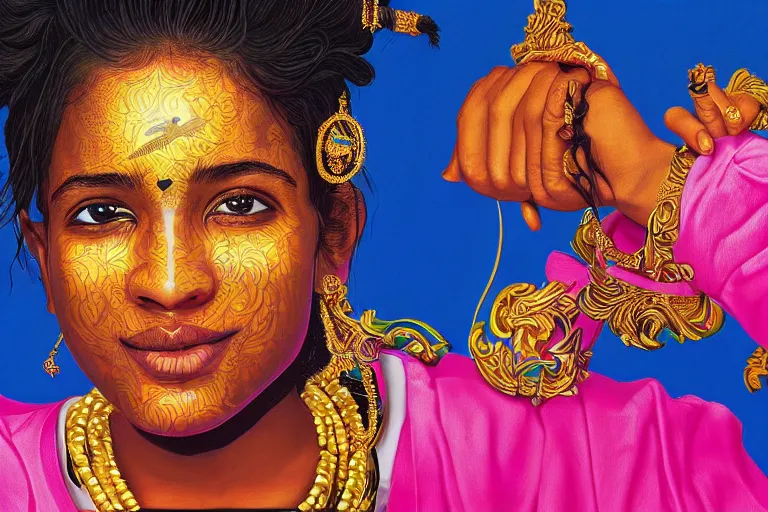 Image similar to a happy sri lankan girl pirate with iridescent skin by kehinde wiley