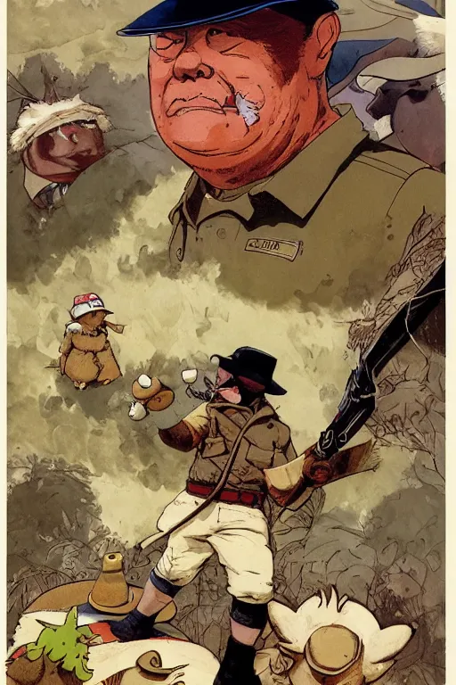 Prompt: full page illustration, a proud hunter wearing a pith hat has poached a snorlax pokemon, jean giraud, Katsuhiro Otomo, Geof Darrow, Phil hale, Ashley wood, Ilya repin, frank frazetta8k, hd, high resolution