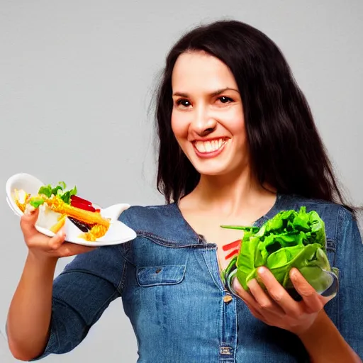 Image similar to happy woman eating salad, stock photograph, studio lighting, 4k