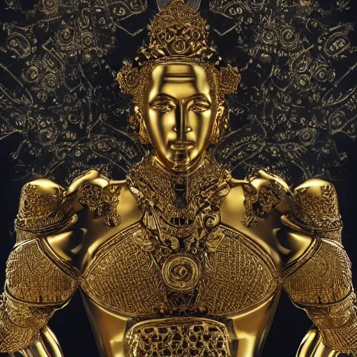 Prompt: epic deatailed golden statue of the King, surrounded by intricate gold lace metalwork on a black smokey background, close up face, modern art, trending on Artstation