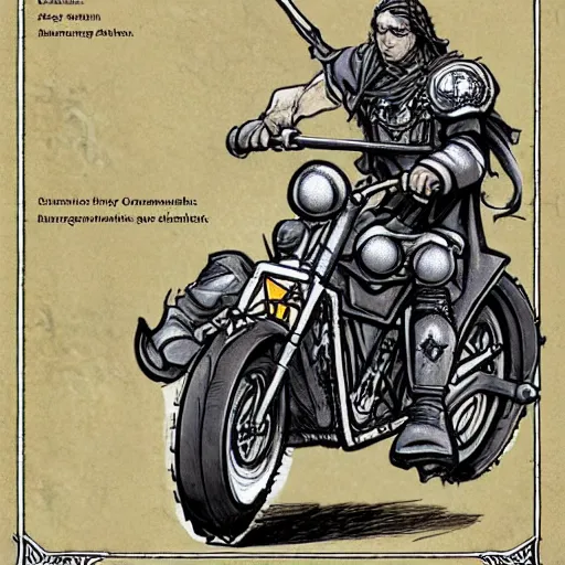 Prompt: dungeons and dragons, wizard on a motorcycle, concept art, players handbook, very detailed, mechanic, schematic, illustration, stats