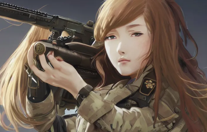 Prompt: infantry girl, soldier under heavy fire, anime style, long hair, hair down, symmetrical facial features, from girls frontline, hyper realistic, pale skin, rule of thirds, extreme detail, 4 k, detailed drawing, trending artstation, hd, trading card, by alphonse mucha, greg rutkowski, sharp focus, backlit